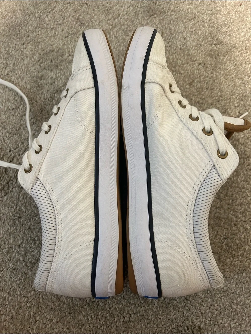 Keds White Canvas Center III Sneakers with Navy Trim and Tan Logo